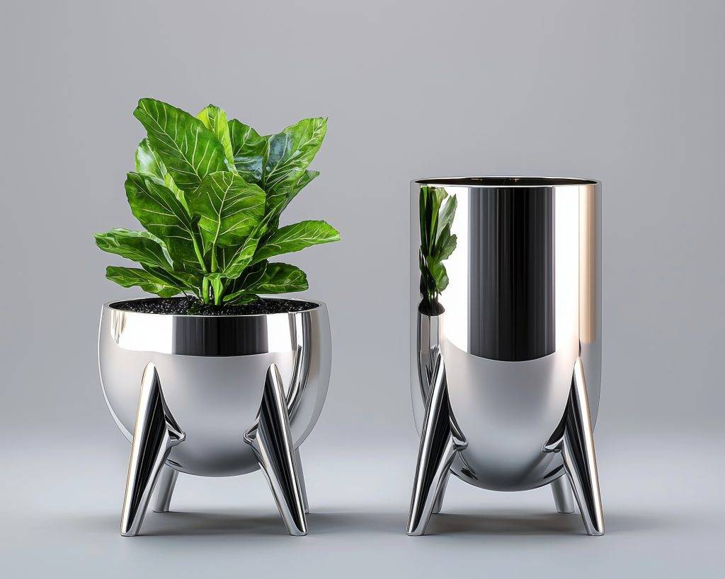 Discover a pair of sleek silver metal vessels designed for modern decor. Perfect for showcasing vibrant foliage, these stylish planters add elegance and charm to any space.