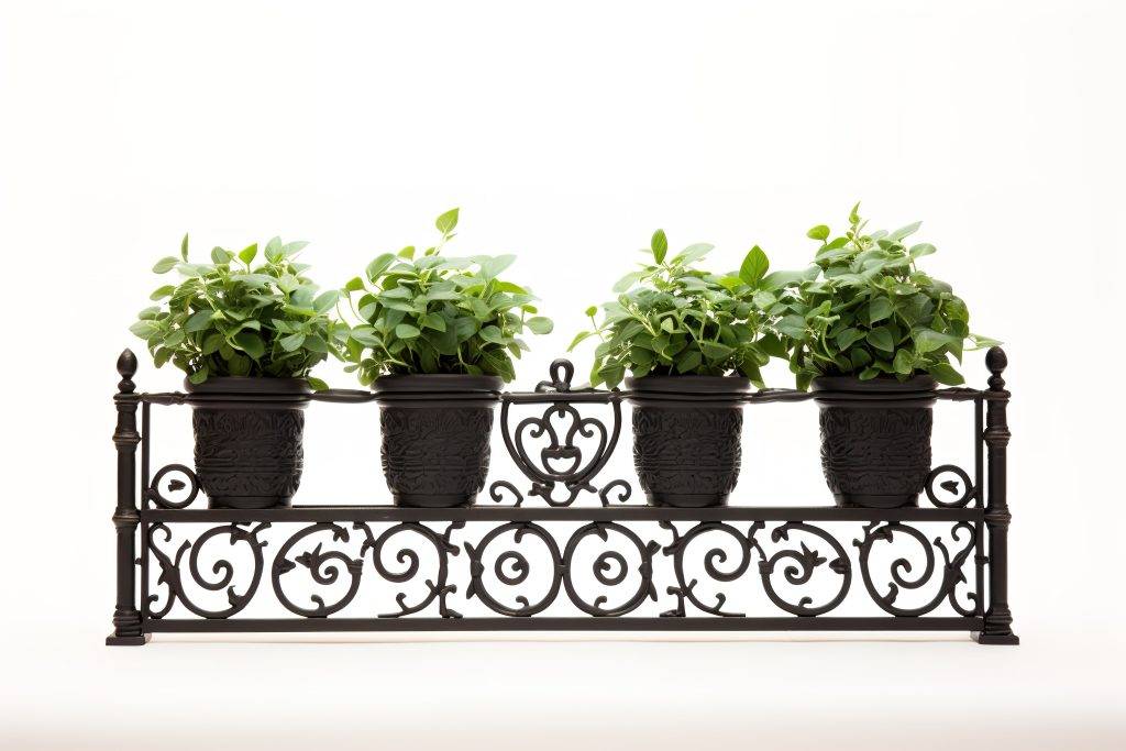 A black iron planter with intricate scrollwork design holds four pots of lush green foliage. The planter is isolated on a white background, emphasizing the delicate details of the metalwork.